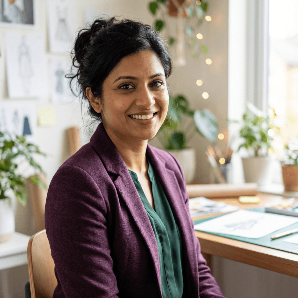Portrait of a woman in her late 30s with a calm, relaxed expression
