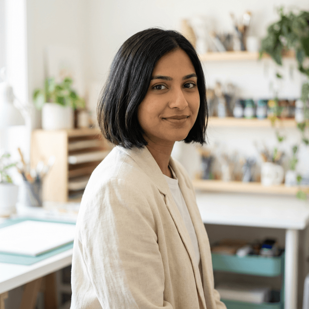 Sofia Mendes, female guest in her early 30s, relaxed expression in a wellness studio