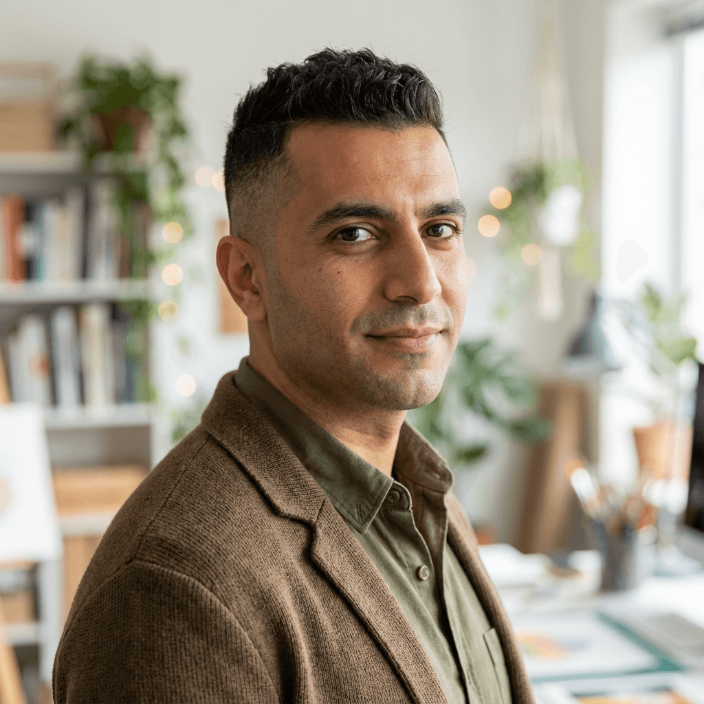 Portrait of a male in his early 40s with a gentle, composed expression