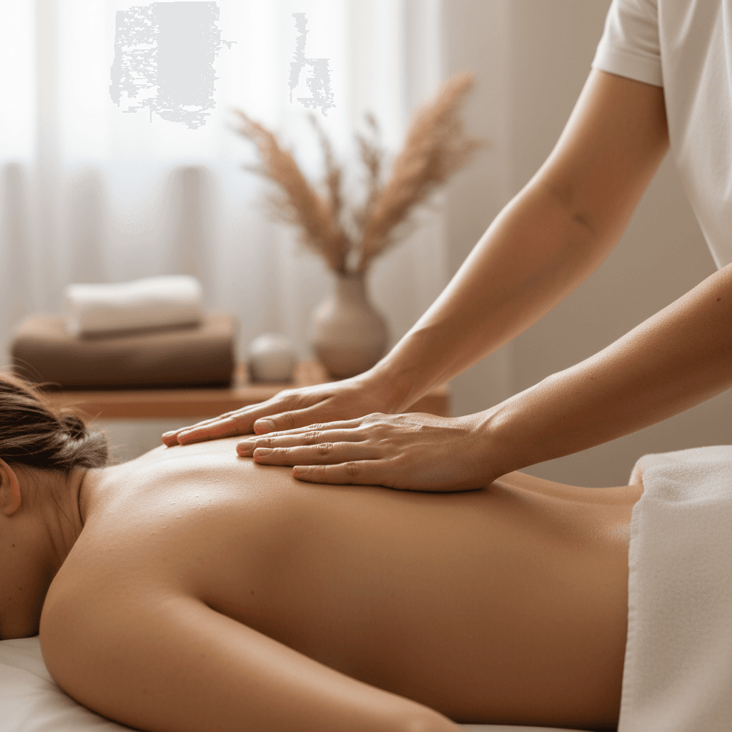 Massage therapist giving a relaxing back treatment on a massage table