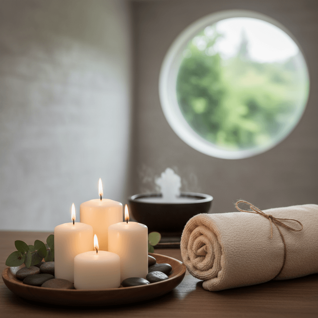 Four lit white candles on a wooden tray with stones, eucalyptus, and a rolled towel.