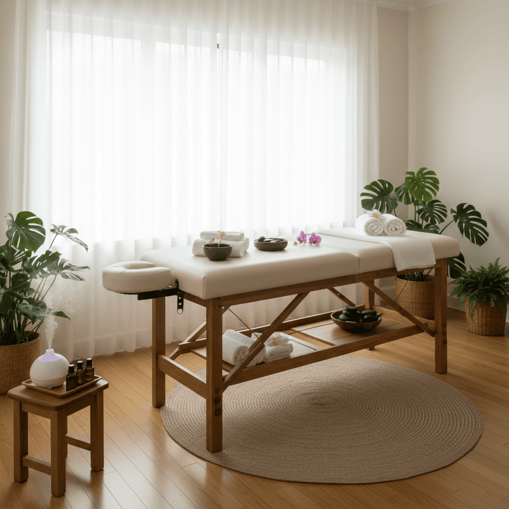 Calm, softly lit massage room with a treatment table in a wellness studio