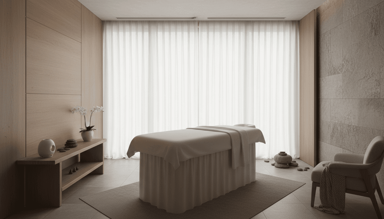 Luxurious spa treatment room with warm ambiance