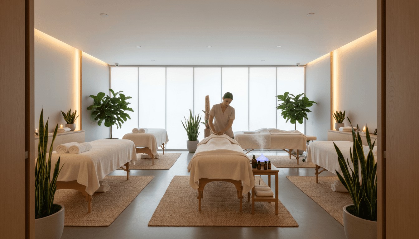 Serene massage studio in Lagos with soft lighting and neatly arranged towels