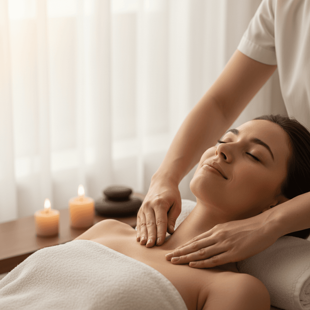 Serene massage room with candles and soft warm lighting