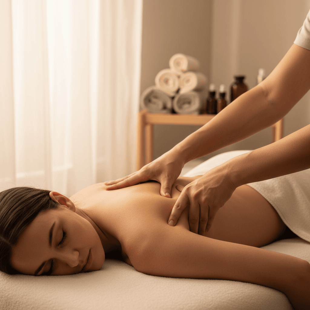 Therapist preparing a massage table with towels
