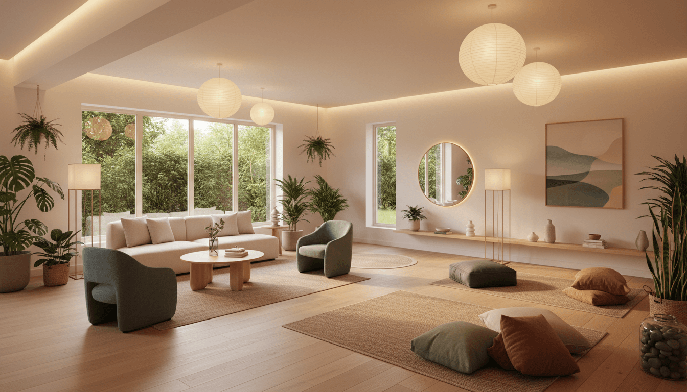 Zen wellness studio interior with candles and plants