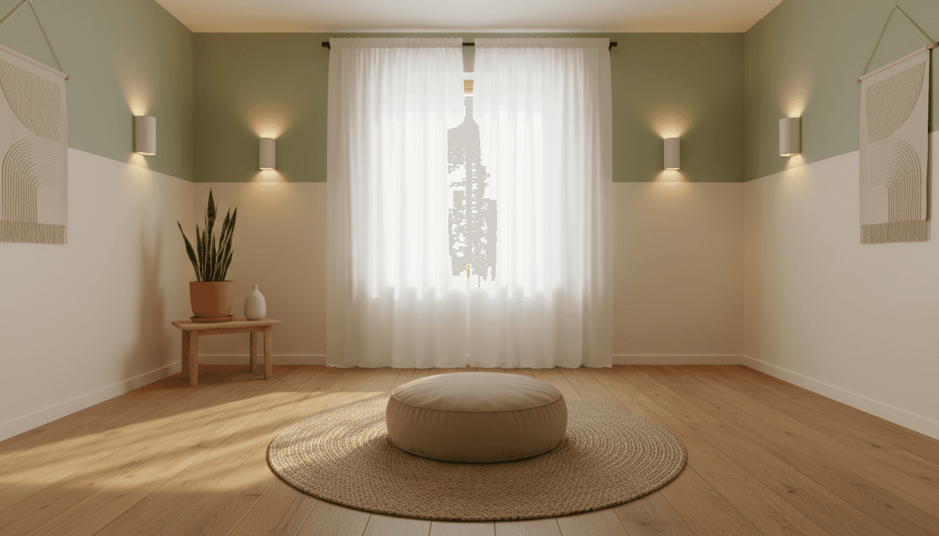 Calm meditation room with soft natural light and candles
