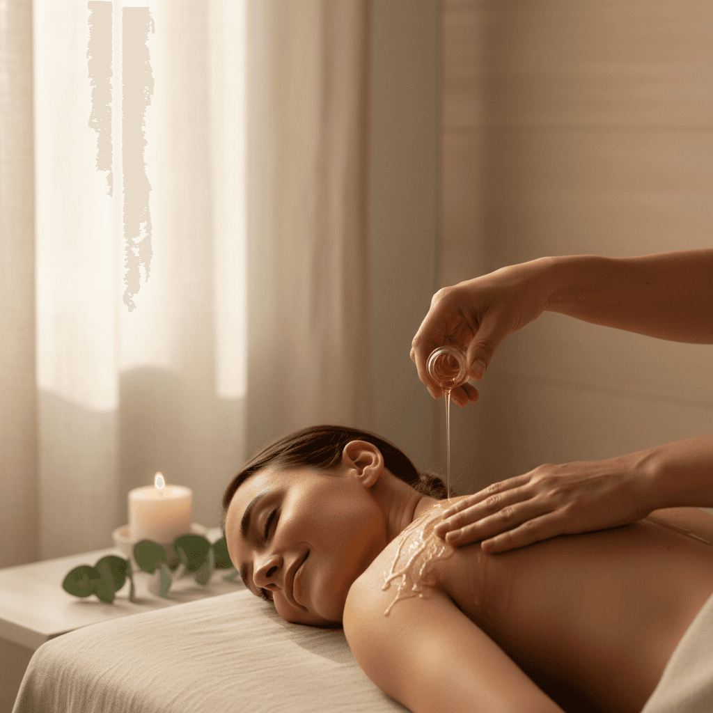 Therapist hands applying oil during relaxing back massage on spa table